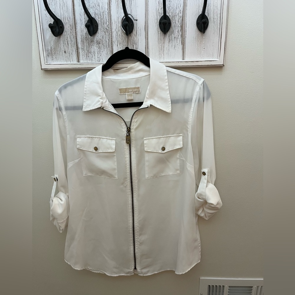Michael Kors Women’s White Roll-Up or Long Sleeved Sheer Top, Size Large